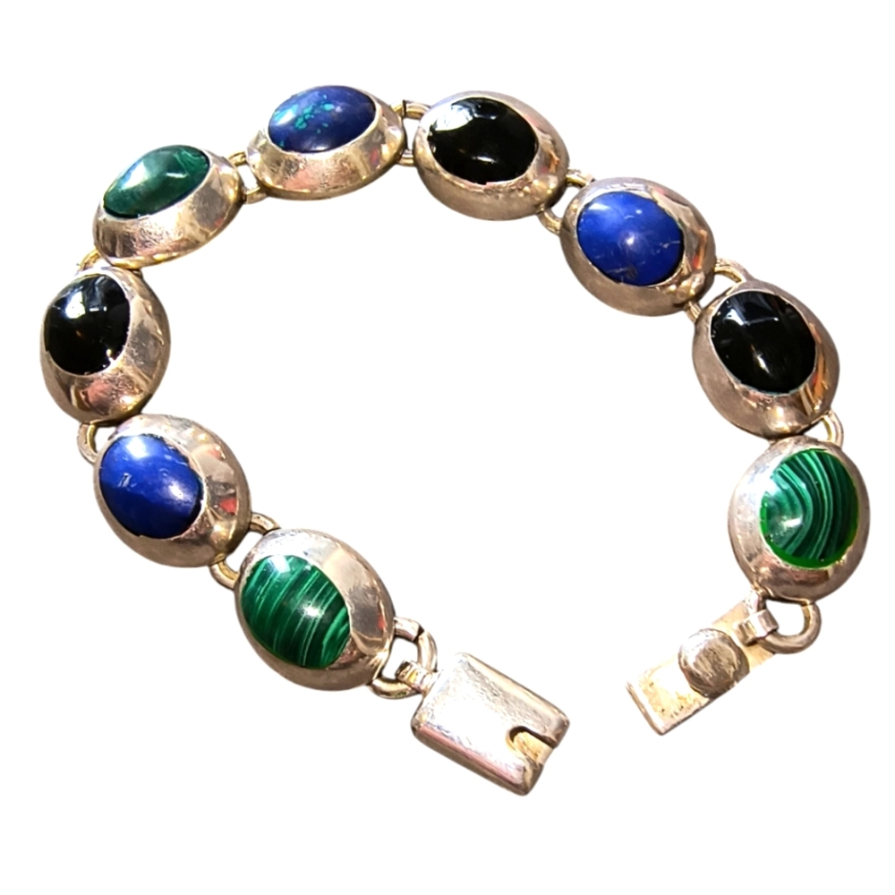 Mexico Sterling Silver, Malachite, Lapis, Onyx & Azurite Link Bracelet